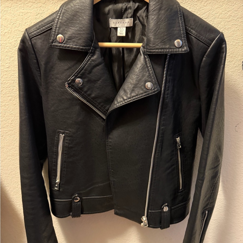 Topshop Black Faux Leather Moto Jacket with Silver Hardware